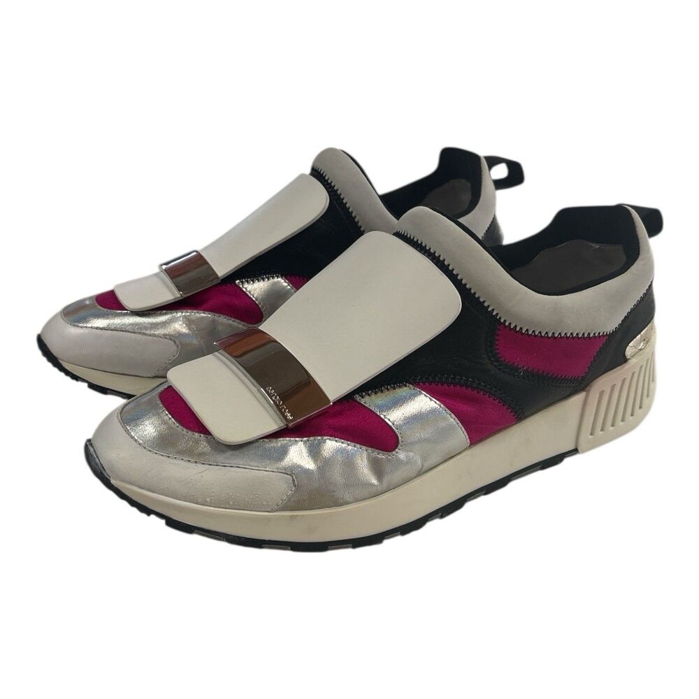 Sergio Rossi Women's SR1 Running Patch Sneaker Size 6 White/Pink Designer Shoes